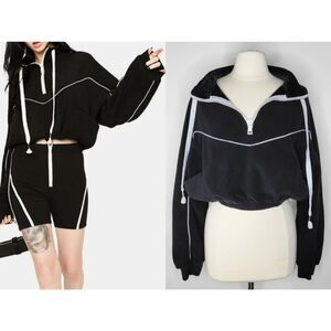 THE KRIPT Roxanne Black Cropped Half Zip Sweatshirt Size M Cotton Fleece Goth